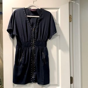 Navy Blue Zip Up Dress w/Brass beads & zippers